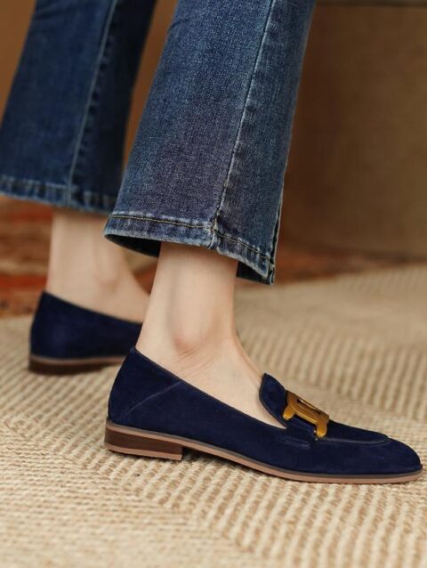 Retro Metal Buckle Slip On Loafer Shoes