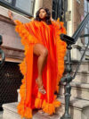Loose Luxury Fully Surrounded Light Feather Batwing Sleeve High Slit Dress
