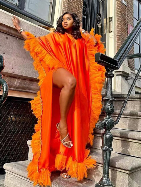 Loose Luxury Fully Surrounded Light Feather Batwing Sleeve High Slit Dress