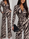 Zebra-Print V-Neck Long-Sleeve Jumpsuit