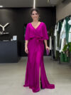 V-neck Lace-up Waist Slit Solid Color Long Dress