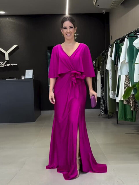 V-neck Lace-up Waist Slit Solid Color Long Dress