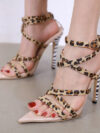 Leopard-print fine high-heeled cross strap sandals