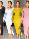 Solid Color Long Sleeved Split One Step Dress