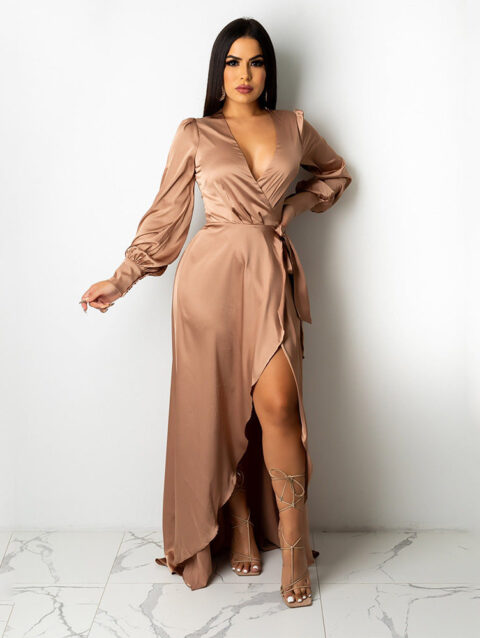 V-neck Silk Lace-up Irregular Dress