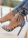 Plaid  toe high-heeled ankle straps with large bow sandals