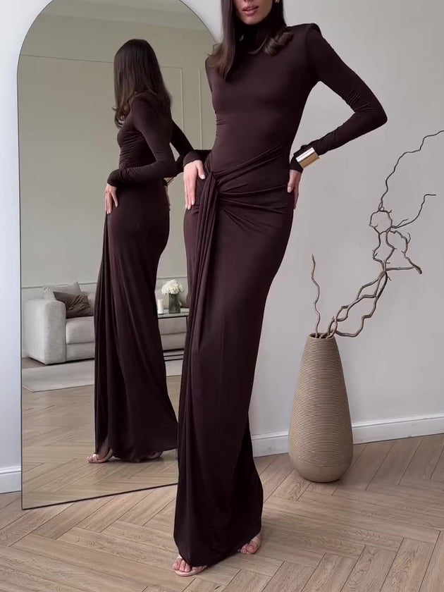 Solid Color Long Sleeve Slit Dress - Image 3