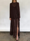 Sheer Round Neck Long Sleeve Tie Bow Slit Dress