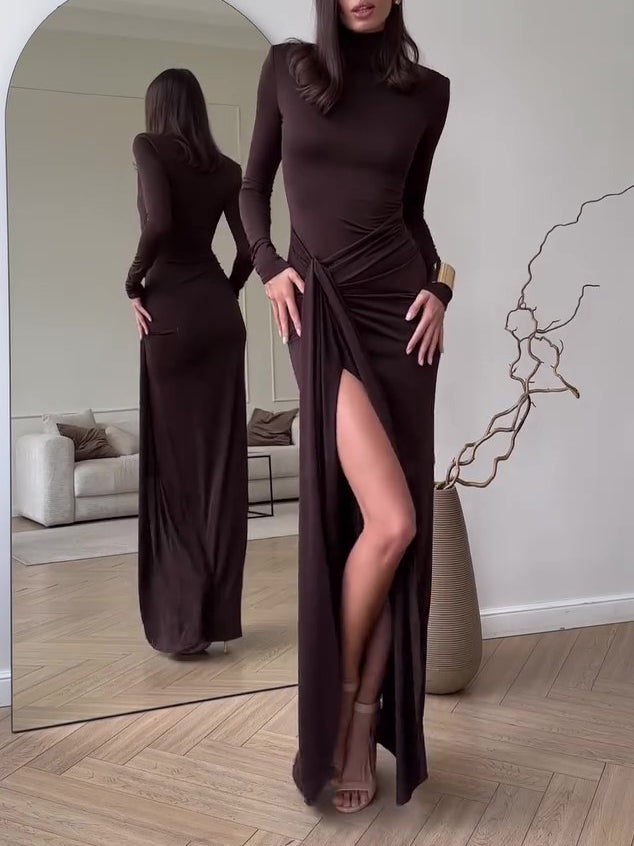 Solid Color Long Sleeve Slit Dress - Image 4