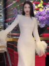 Round Neck Waist Trimming White Feather Cuff Dress