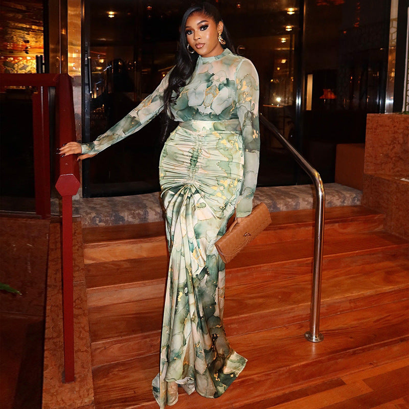 Waist-wrapped Slim Fit Pleated Dress High Collar Two-piece