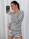 Striped Crew-Neck Long-Sleeve Shorts Knitted Pajama