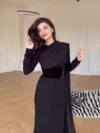 Long Sleeve Stitching Velvet Shawl Dress