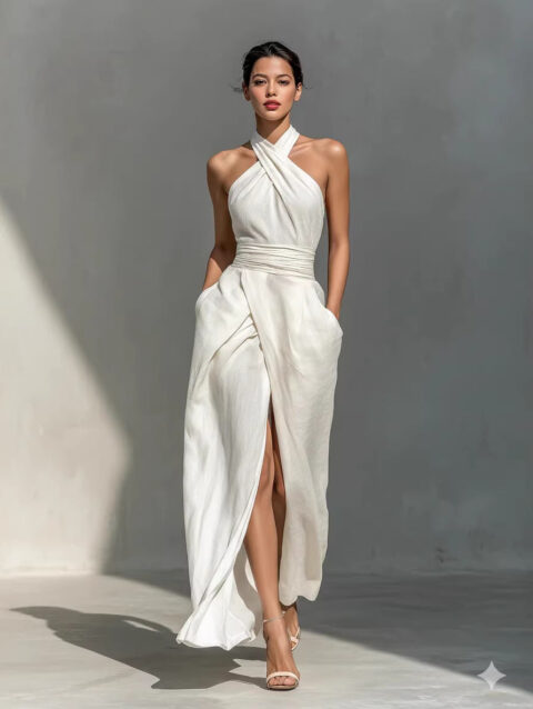 Sleeveless Elegant Slim-fit Pure White Dress