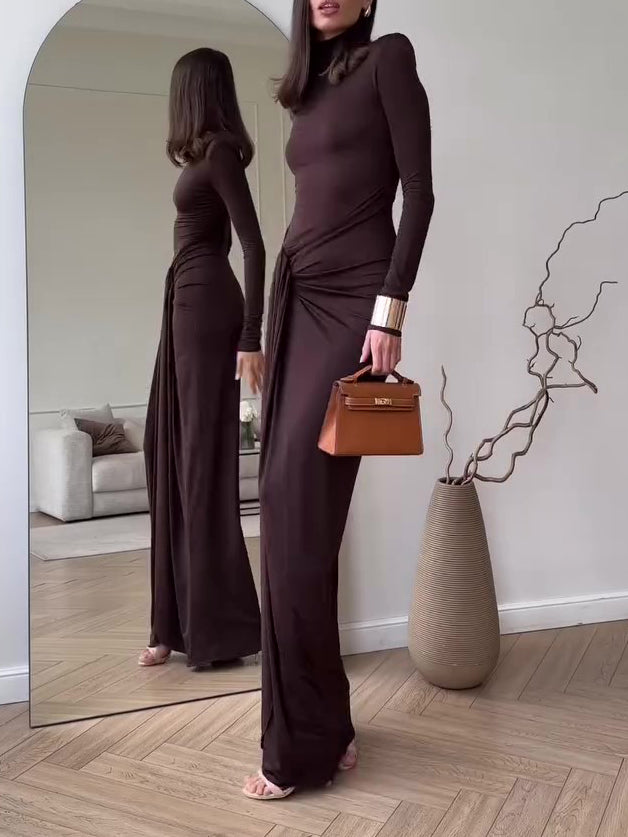 Solid Color Long Sleeve Slit Dress