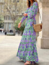Printed Short-sleeved Corset Long Dress