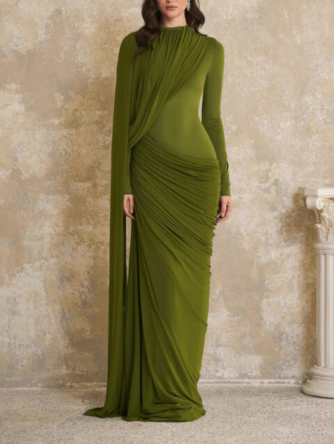 Pleated Ribbon Crew-Neck Long-Sleeve Dress