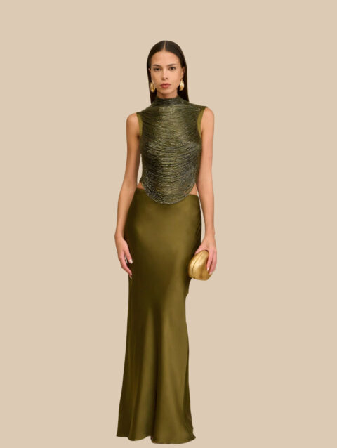 New Sleeveless High-Neck Tassel Splicing Top Satin Skirt Suit