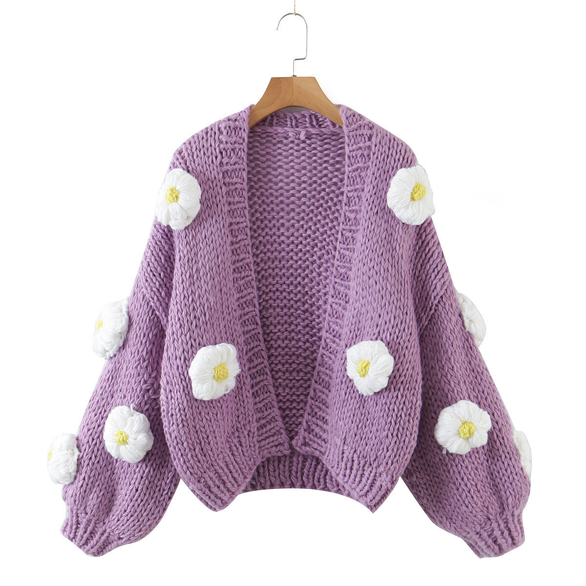cashmere Flower Lantern Sleeve Knitted Cardigan Thickened Sweater - Image 3