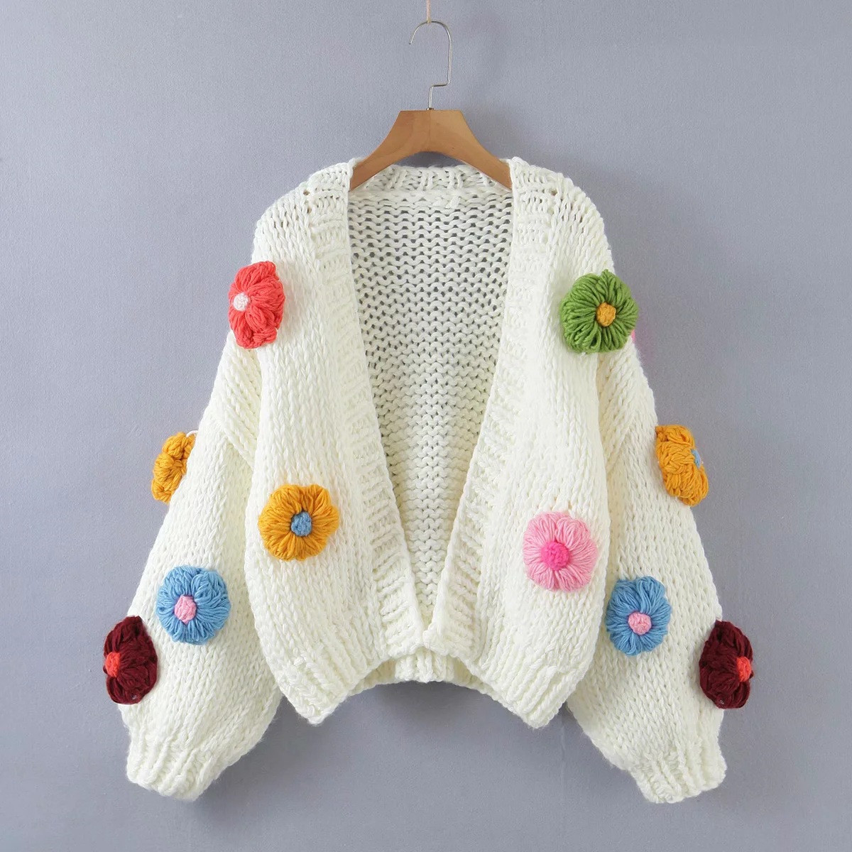 cashmere Flower Lantern Sleeve Knitted Cardigan Thickened Sweater