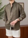 Pure Linen Long-Sleeved Shirt Henley Collar Top