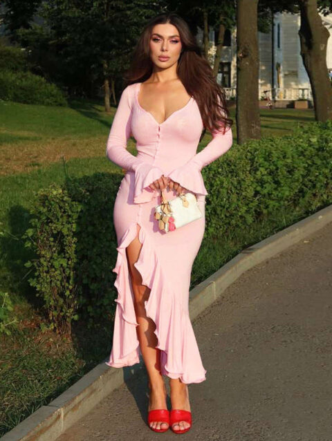 V-Neck Bell Sleeves Ruffled Slit Dress
