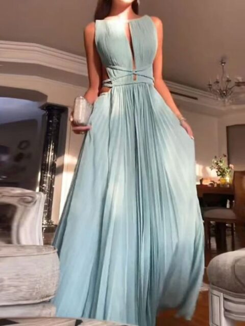 Pure Color Round Neck Sleeveless Backless Dress