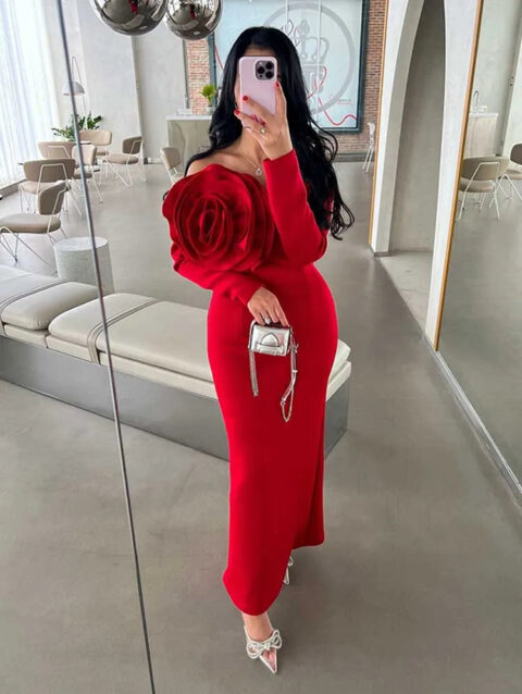 Off Shoulder 3D Flower Long Sleeves Evening Dress