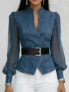 V-neck Lace Long-sleeve Denim Top