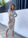 V-neck Floral Long Sleeve Pleating Dress