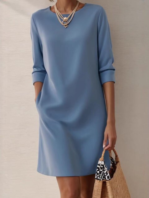 Crew-Neck Long-Sleeve Loose Casual Pocket Dress