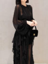 Long Sleeve Pleated Mock Neck Dress
