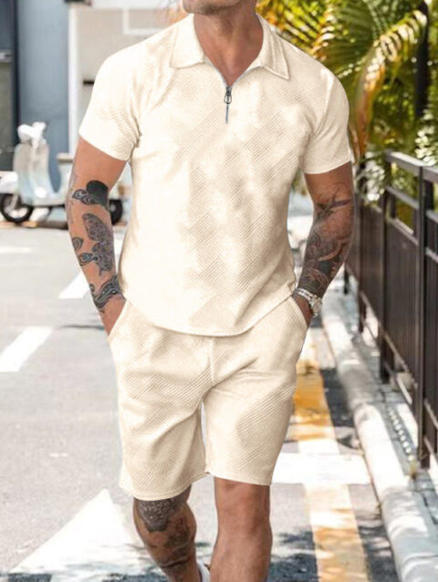 Zipper Polo Short Sleeve Shorts Set