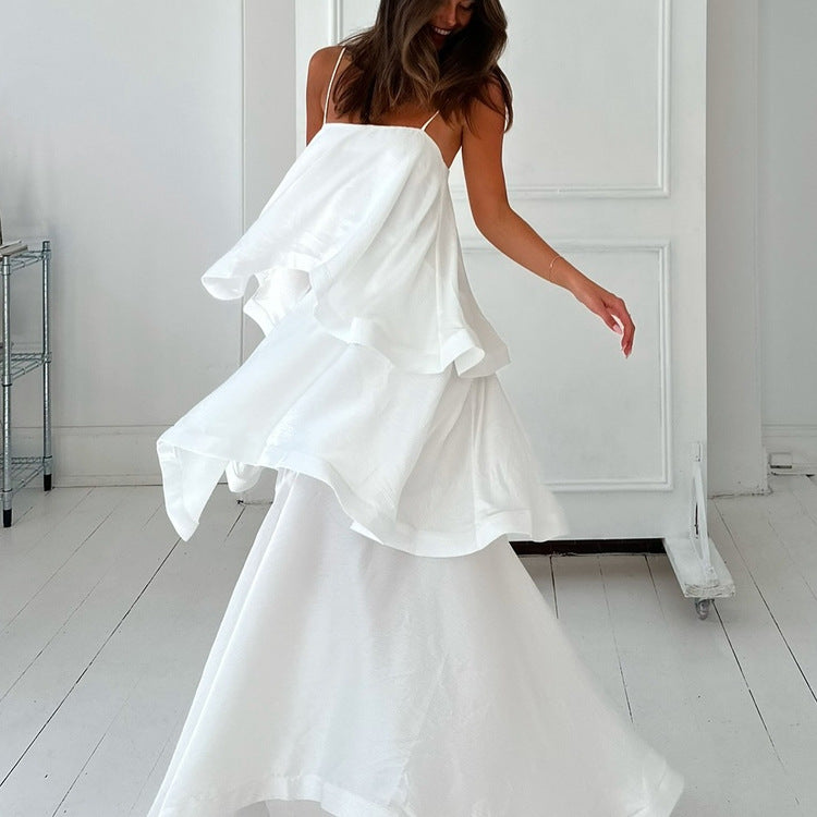 Sleeveless White Satin Drape Dress - Image 2