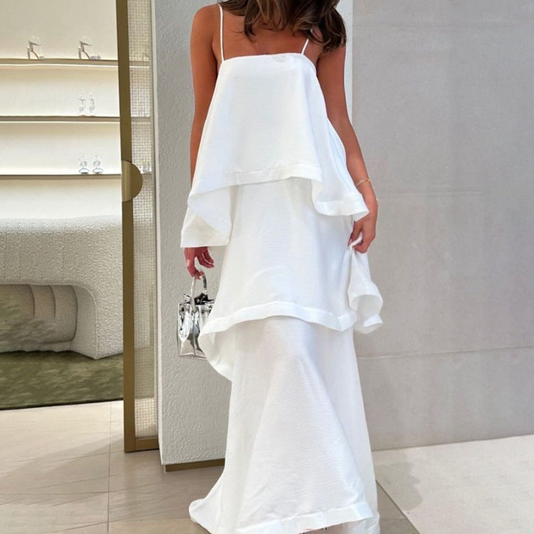 Sleeveless White Satin Drape Dress - Image 3