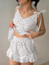 Strapped Printed Shorts With Ruffle Trim Pajama Set 2 Pieces