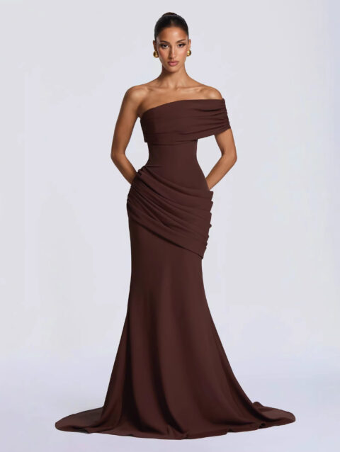 Strapless One-shoulder Patchwork Pleated Maxi Dress