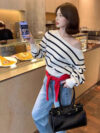 Short, Striped Off-the-shoulder Pullover Sweater