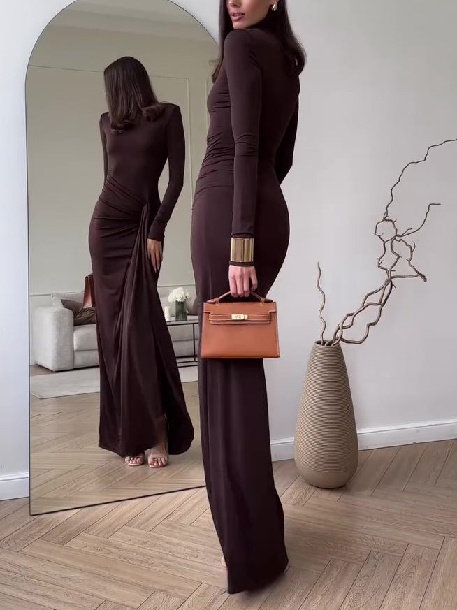 Solid Color Long Sleeve Slit Dress - Image 2