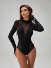 Stand-Up Collar Mesh Sheer Long-Sleeve Jumpsuit