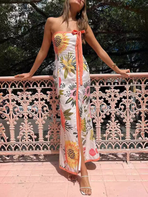 Split Chest-wrapped Print Dress