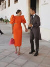Satin Tea O-Neck Trumpet Dress with Short Puff Sleeves
