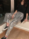 Heavy Sequins High Waist Straight Trousers