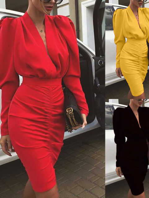 V-deep Sheath Solid Color Dress