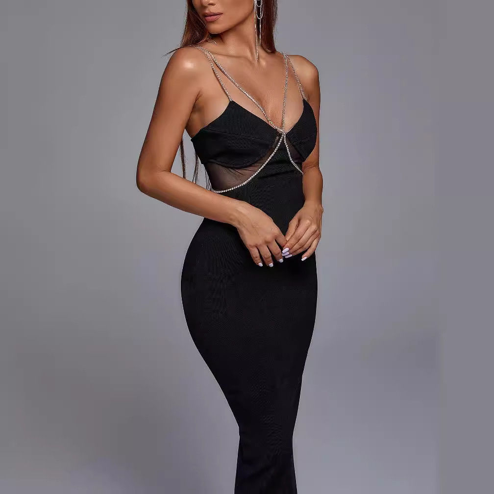 Crystal Drill Chain Straps Tulle Stitched Backless Evening Dress - Image 2