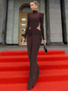 Midriff Pleated Turtleneck Long Sleeve Dress