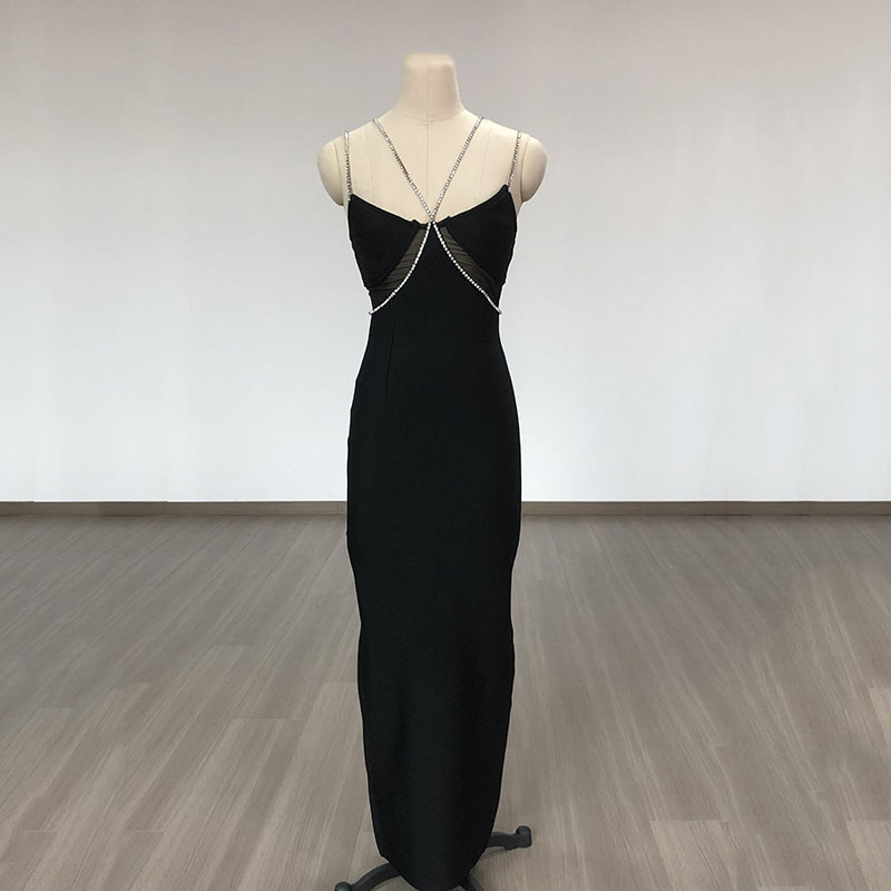 Crystal Drill Chain Straps Tulle Stitched Backless Evening Dress - Image 5