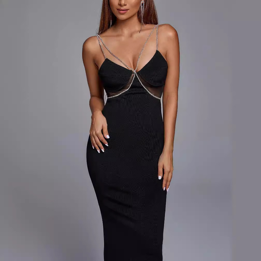 Crystal Drill Chain Straps Tulle Stitched Backless Evening Dress - Image 3