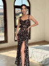 Leopard Print Split Pleated Nipped Waist Dress