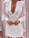 Elegant V Neck Lace Long Puff Sleeve Butterfly Dress